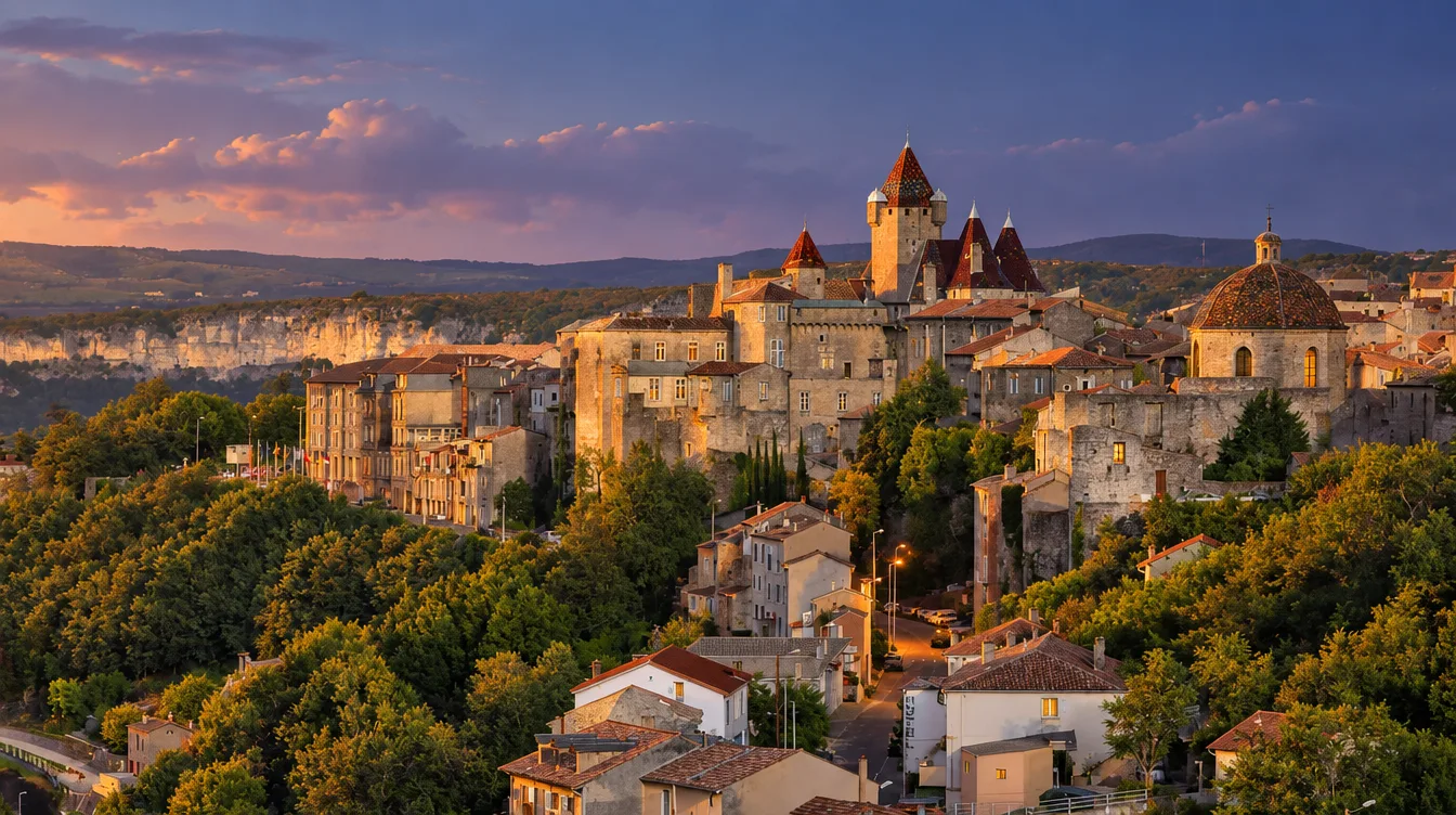 Le château et la vieille ville d'Aubenas au soleil couchant